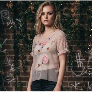 Floral Mesh Top Sz M Pink Embroidered Sheer Fairy Grunge Boho Indie Festival